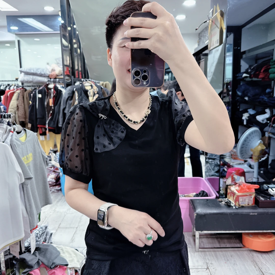 气质新款圆领V领2款欧根纱点点袖上衣8862/8863