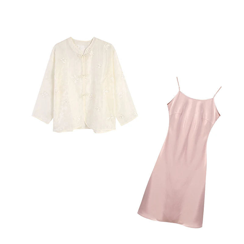 五季家/【花弄影】ZL110540杏色上衣搭配ZL105323粉色吊带裙两件套