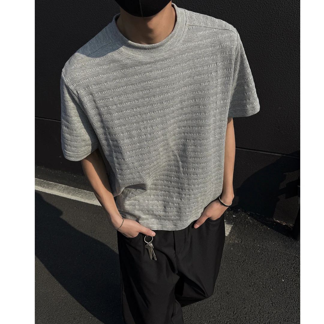 美式肌理感短袖T恤男潮牌褶皱提花设计半袖宽松百搭正肩圆领体恤