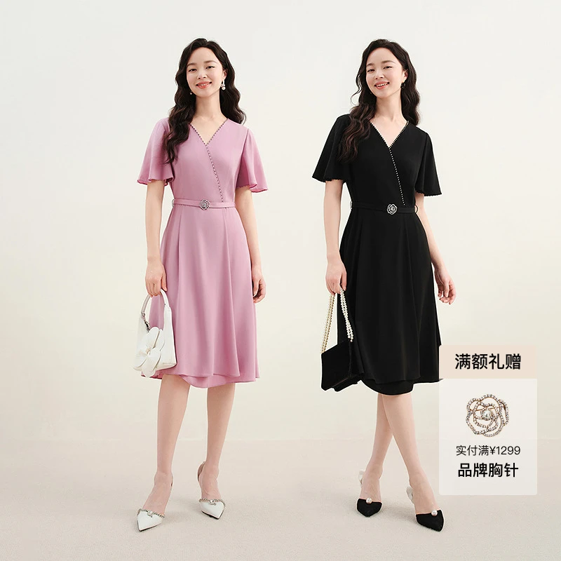 醋酸|重要场合|瑰丽工坊定制玫瑰腰带|珂莱蒂尔钉钻礼服连衣裙