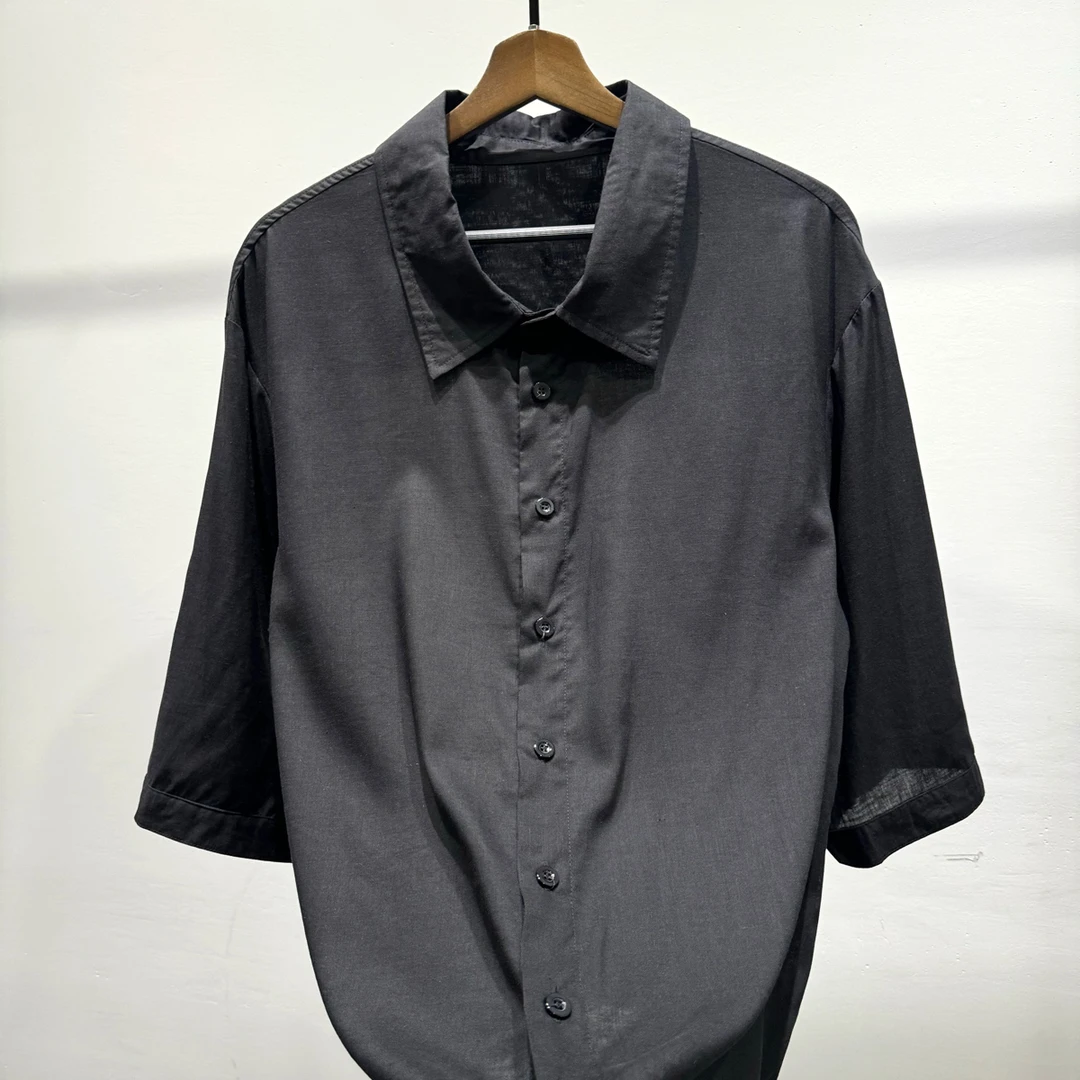 夏季轻薄透气极简纯色中袖衬衫男士潮流简约休闲宽松百搭短袖衬衣