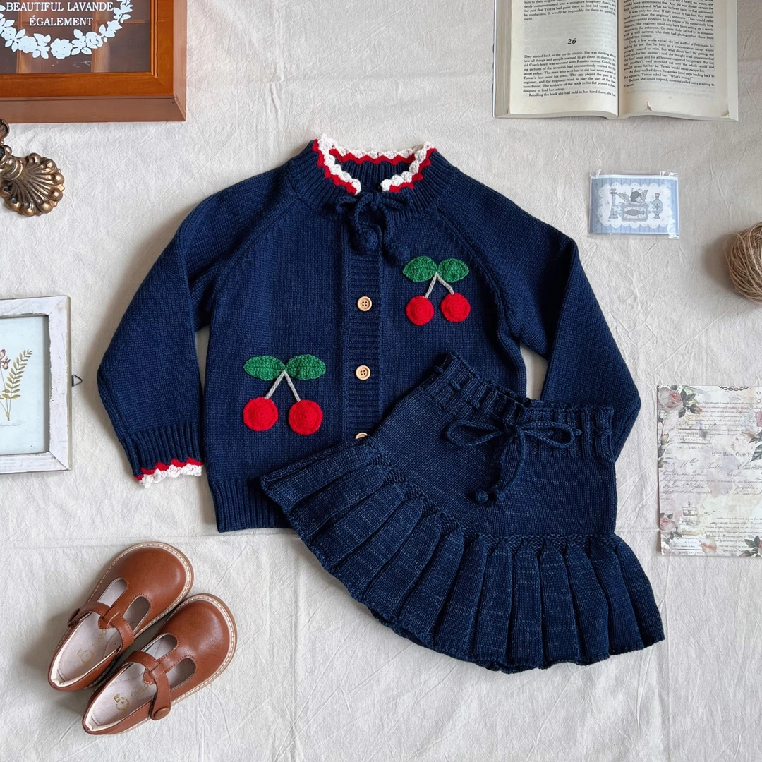 【手工钩花樱桃】秋冬儿童复古田园风针织开衫披肩女童洋气宝宝女宝