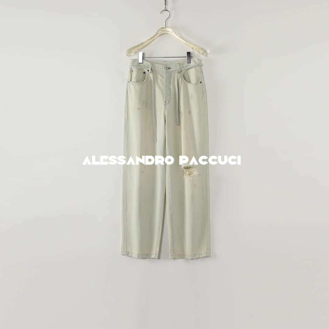 AP洛哥52021NK【面膜牛仔】100棉破洞做旧腰带时尚百搭个性牛仔长裤