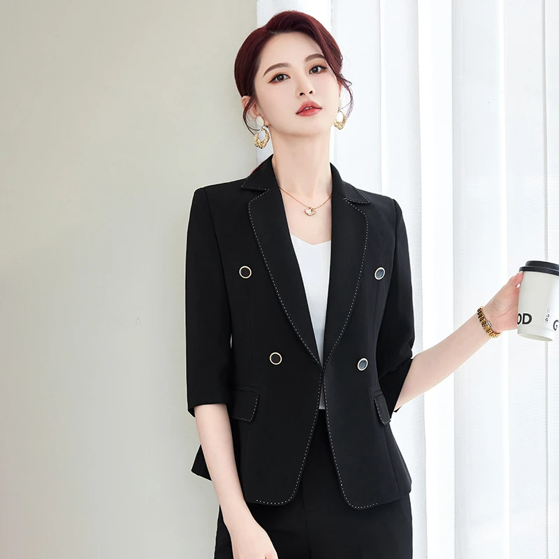 黑色西装女士夏季薄款2025新款高级气质职业正装中袖西服休闲外套