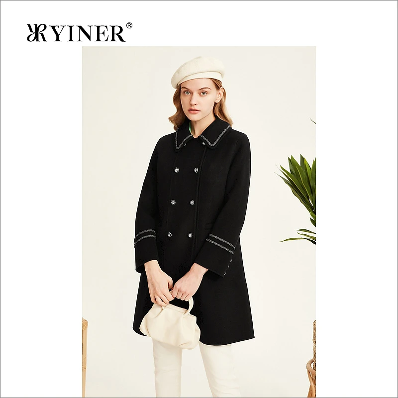 YINER音儿专选女装冬季时尚中长款双排扣纯羊毛双面呢大衣外套