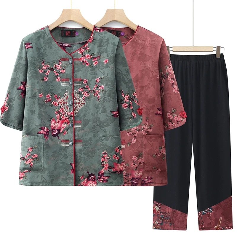 中老年女装夏季薄款套装大码妈妈装老人衣服奶奶装夏装绣花两件套