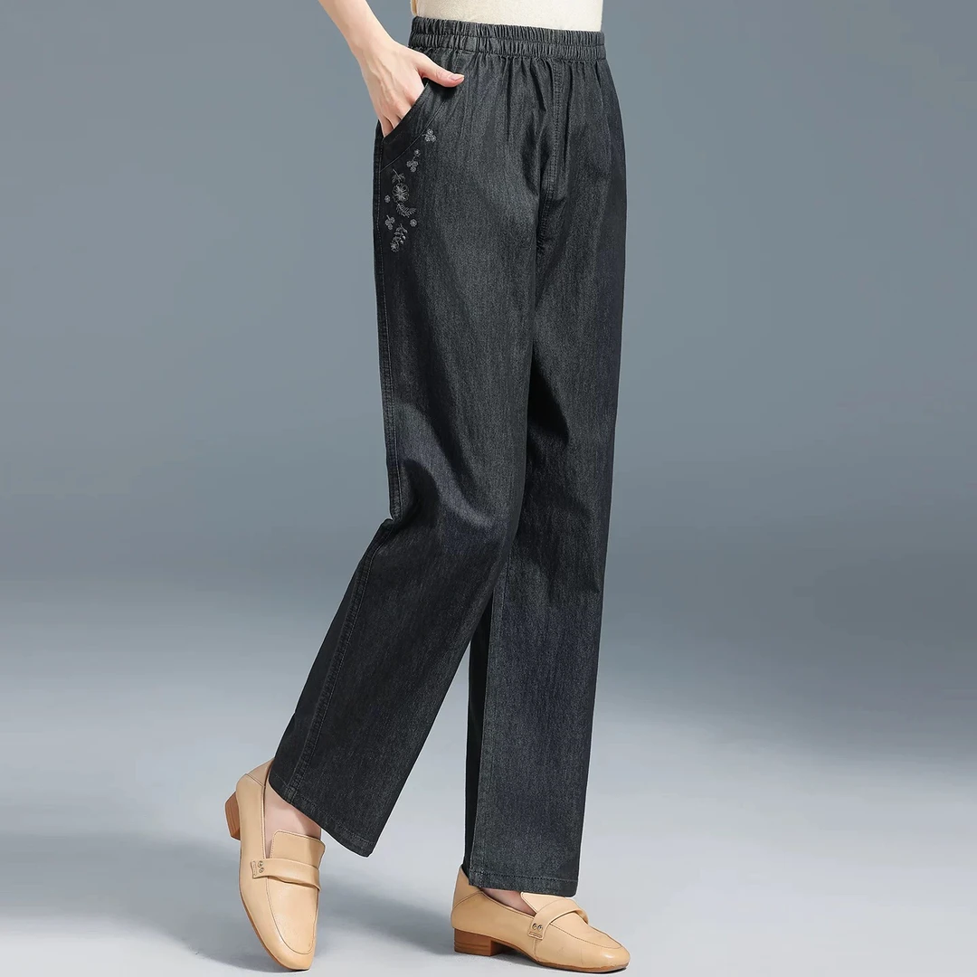 中老年牛仔裤女春秋绣花休闲裤宽松直筒奶奶裤洋气松紧腰老人长裤