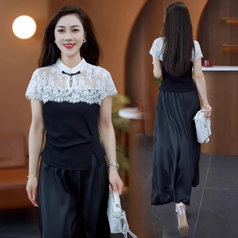 新款国风套装裙女夏季蕾丝拼接上衣垂感半身裙气质显瘦两件套洋气