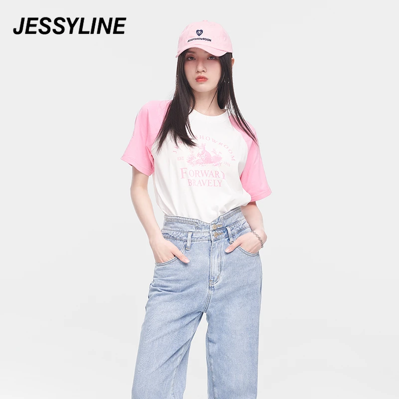 jessyline夏季新款 杰茜莱拼色字母印花运动短袖t恤显瘦百搭上衣