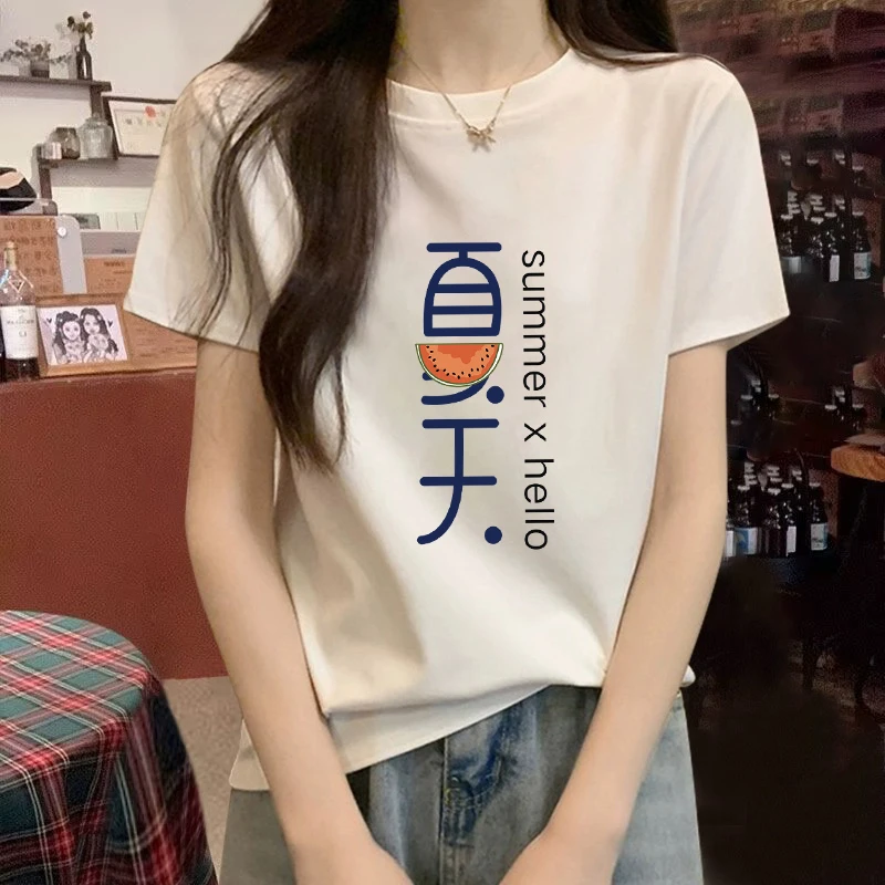 纯棉白色短袖T恤女圆领印花韩版夏季新款打底衫显瘦宽松百搭上衣