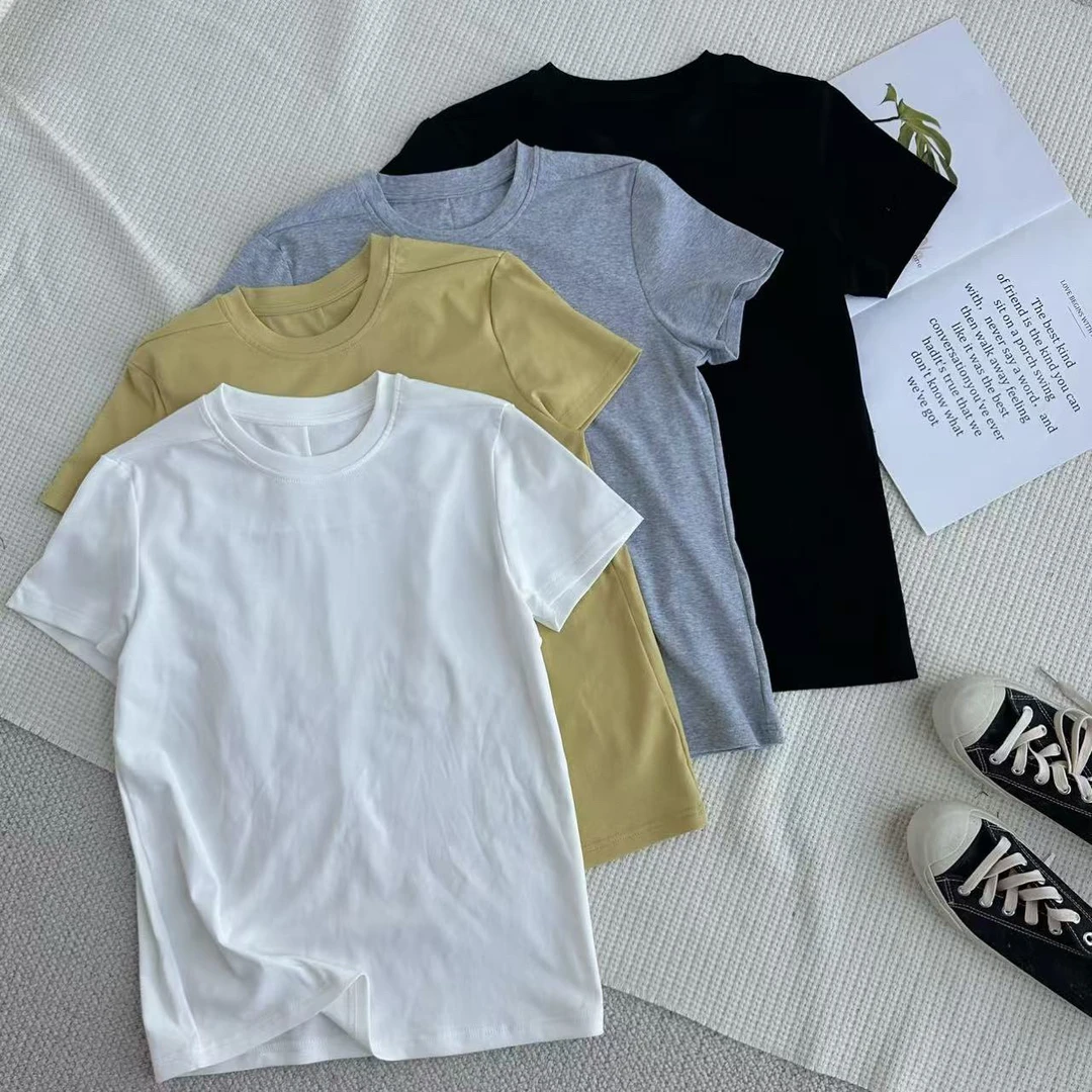 ［家淇定制］新款韩版百搭修身显瘦时尚纯色后背一根筋短袖T恤 6496