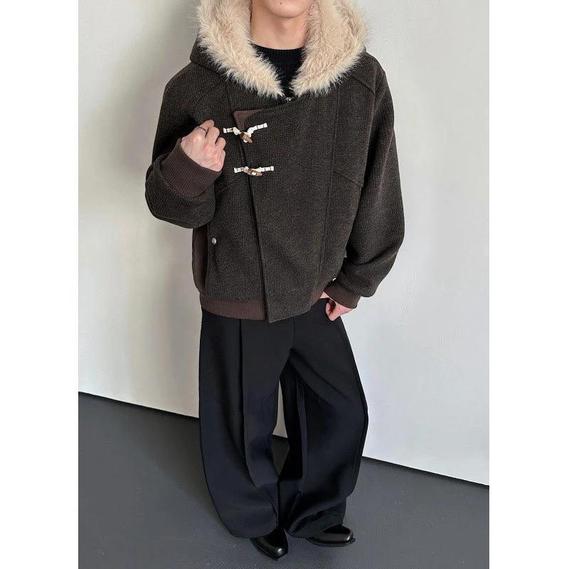 秋冬季短款毛呢外套男高级感加绒加厚毛毛斜门襟牛角扣座山雕夹克