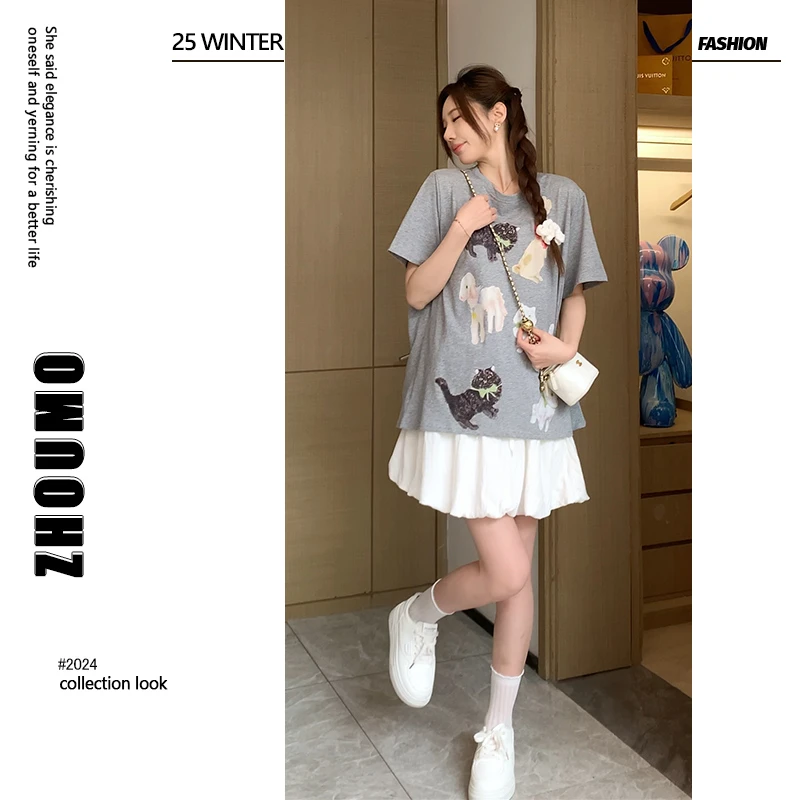 【甜美卡通】ZM穿搭&自制孕妇气质圆领卡通体恤搭花苞半身裙二件套