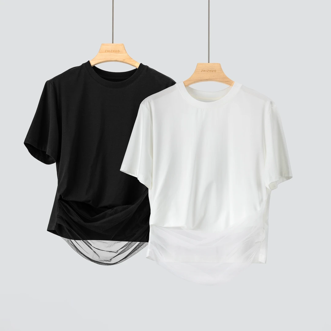 时尚复刻网纱拼接时髦百搭小众短袖圆领T恤