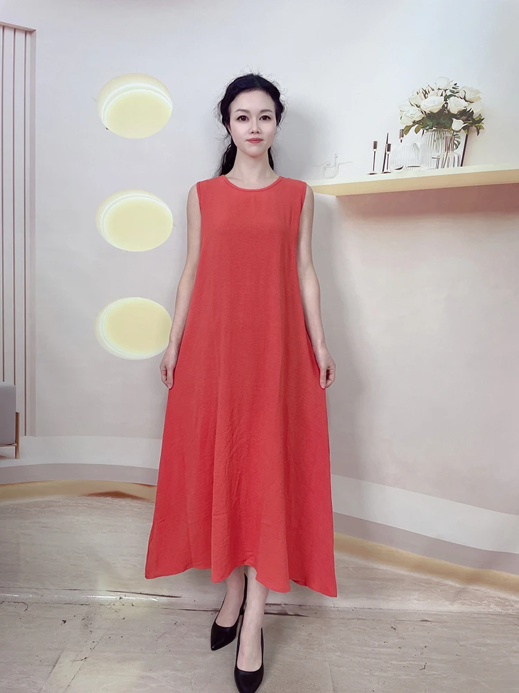 妈妈夏装圆领纯色无袖宽松显瘦连衣裙女时尚气质背心中长裙2526