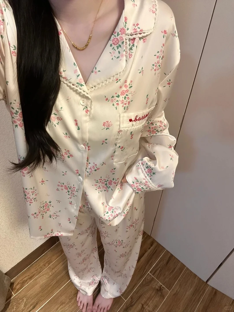 法式轻奢甜美显瘦碎花女大睡衣新款冰丝长袖套装秋季高级感家居服