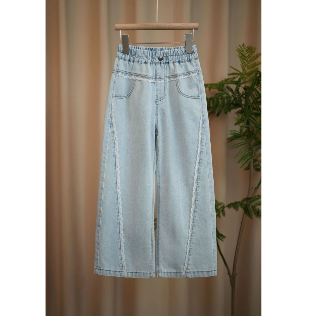 女童牛仔裤夏款2025夏季新款裤前蕾丝边中大童百搭直筒裤A035