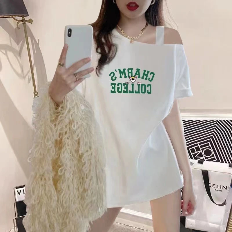 2025百搭印花打底露肩短袖中长款t恤女吊带上衣白色洋气小众半袖