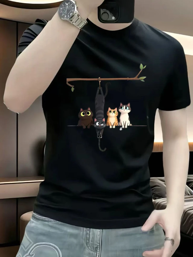 新款百搭潮牌T恤男重磅弹力短袖高街设计感修身痞帅半袖印花t恤