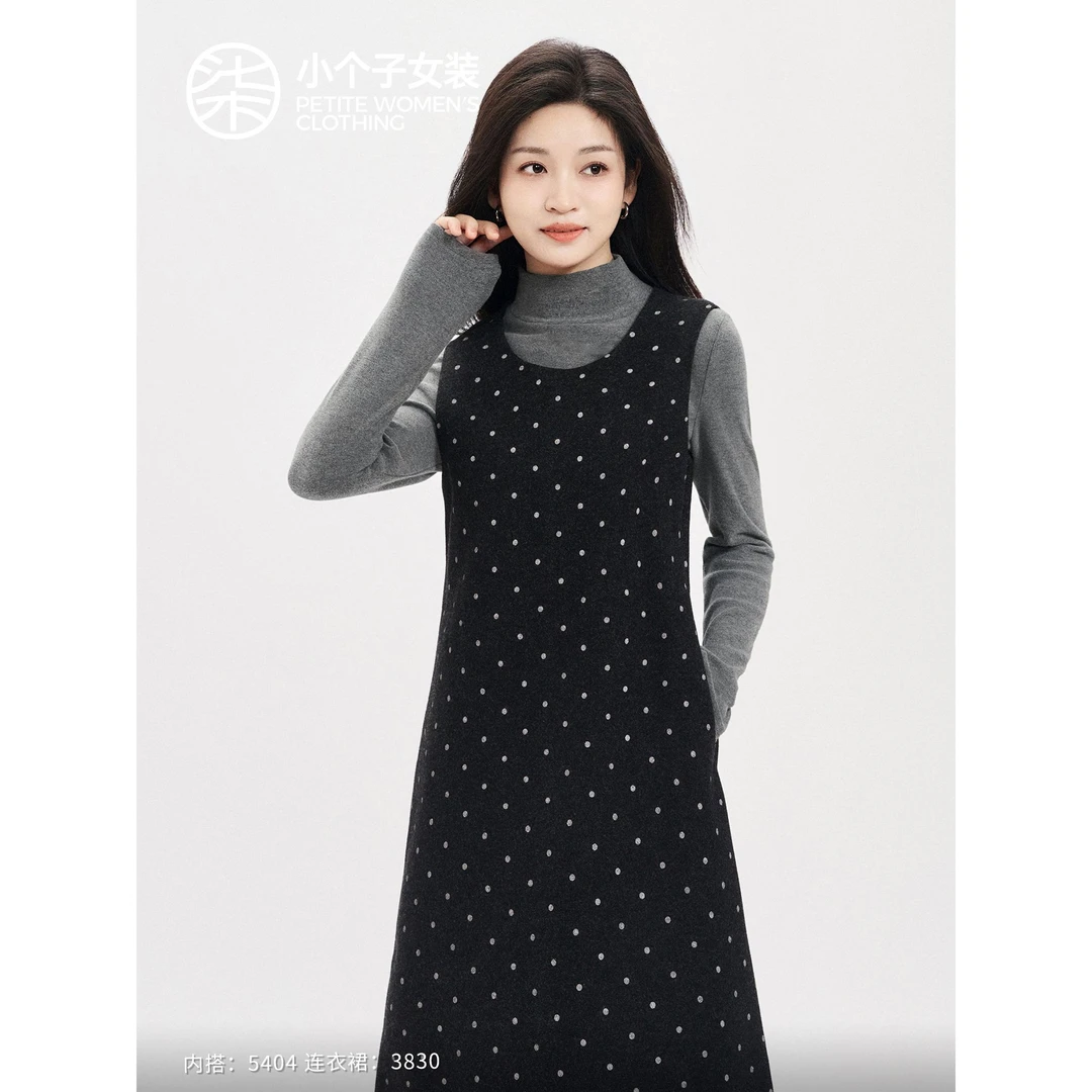 【柒量一裁】3830小个子冬款裙子黑色波点连衣裙百搭106-107cm裙子