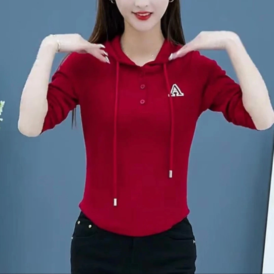 春季新款2025女士洋气时尚百搭修身休闲长袖连帽字母A卫衣T恤减龄