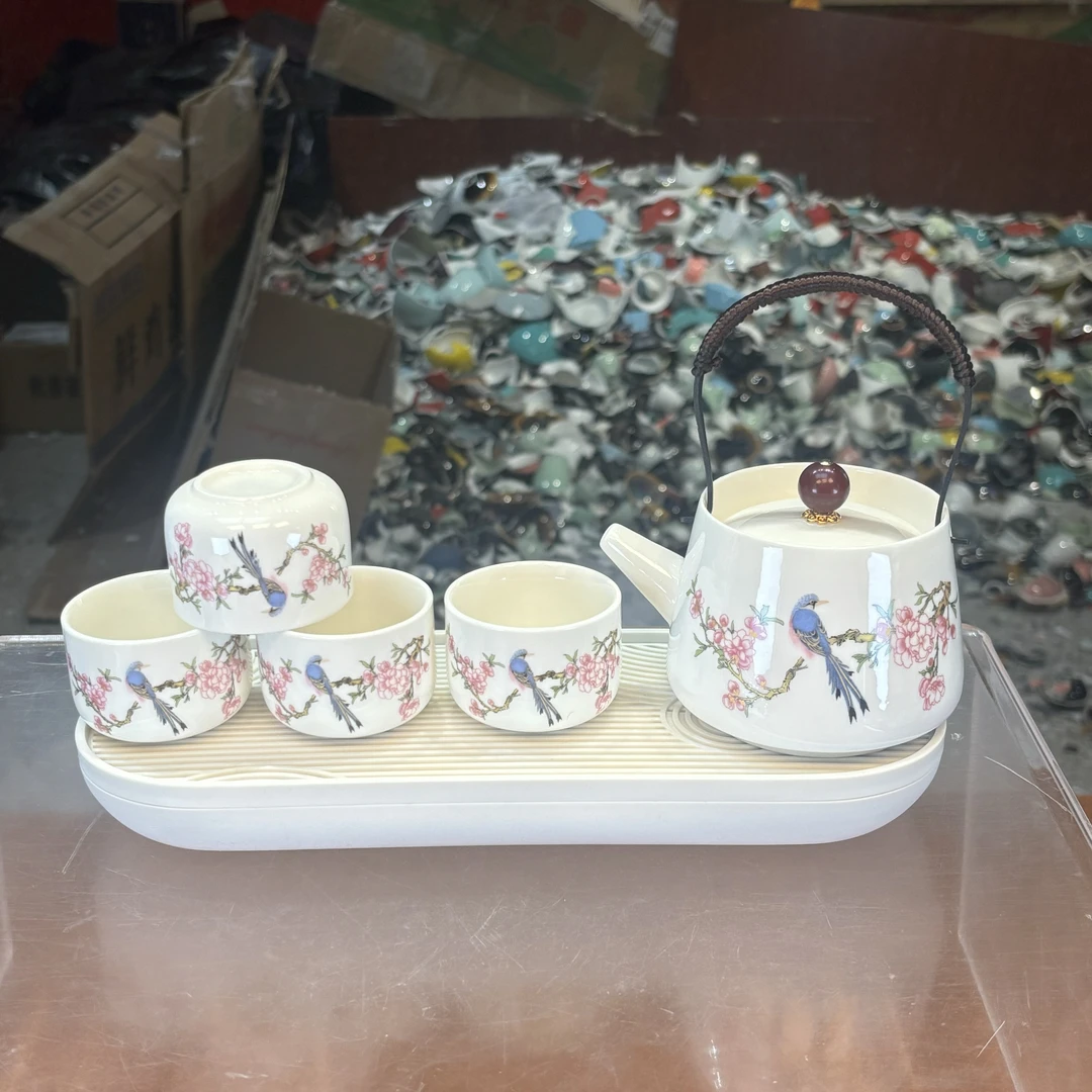 秋香茶具 羊脂玉瓷喜上眉梢提梁壶一壶四杯+盘（无礼盒）小套装-