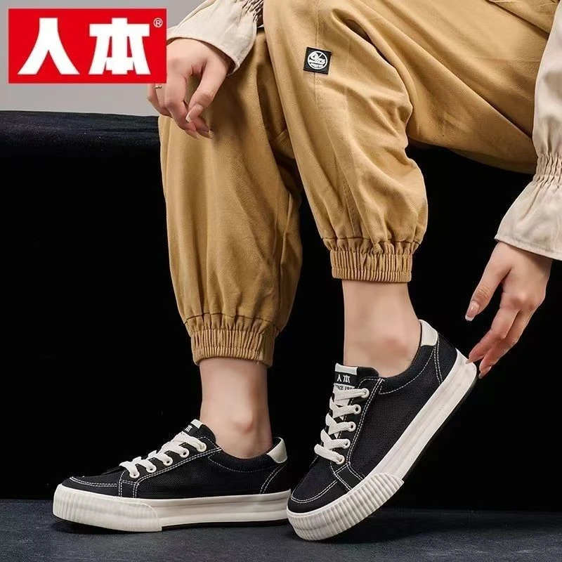 人本夏季新款帆布鞋网面2025透气小白鞋学生休闲鞋宽头百搭女鞋子