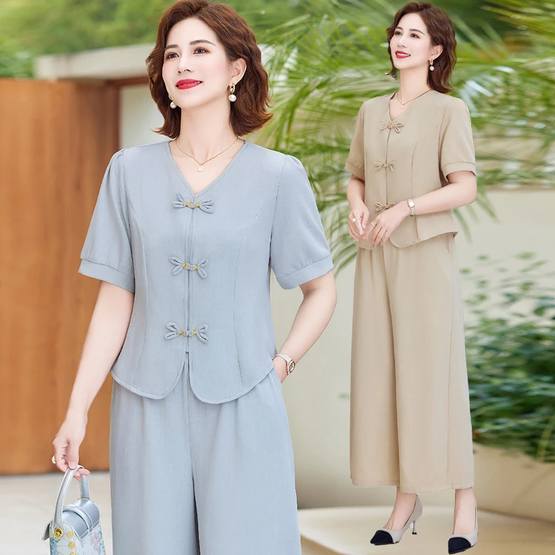 妈妈夏装2025新款套装洋气中老年女夏季短袖t恤两件套新中式上衣