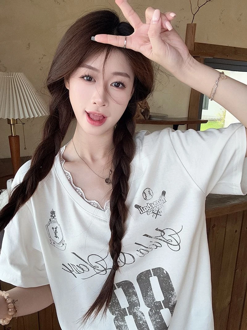 白色纯棉短袖t恤女夏潮新款百搭蕾丝宽松V领韩版小众设计感上衣