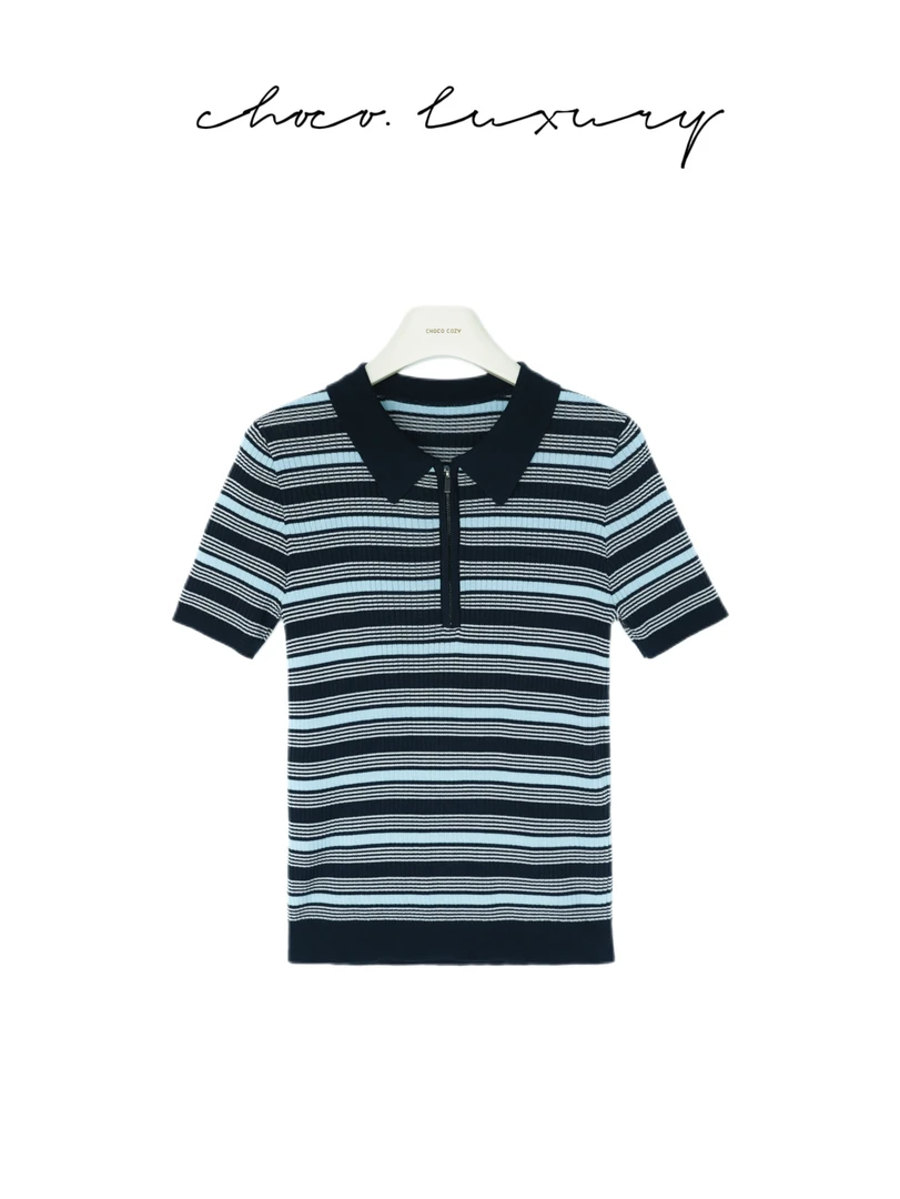 【CHOCO】miu系条纹翻领半拉链坑条撞色针织短袖 C1098