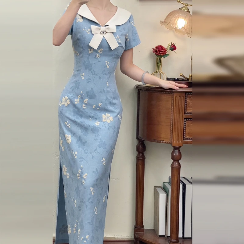 新中式国风蓝色娃娃领短袖连衣裙子女夏季超好看洋气漂亮包臀长裙