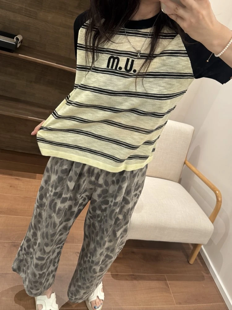 短款撞色字母刺绣条纹插肩短袖针织衫T恤女夏季显瘦上衣172