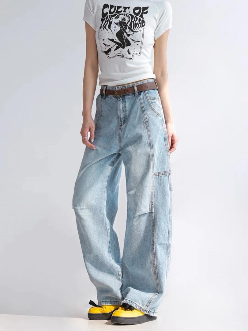 美式复古打褶水洗牛仔裤男女解构阔腿弯刀裤宽松直筒休闲裤