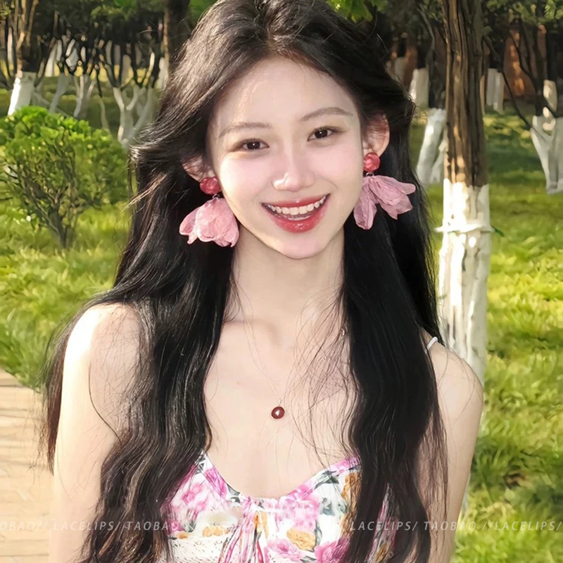 合金耳饰 度假风氛围感超仙雪纺花朵耳环女时尚百搭气质高级感爱