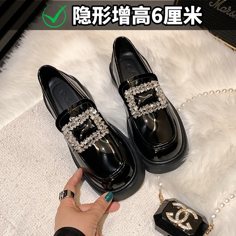 【陈子因】水钻方扣厚底乐福鞋女加绒新款英伦风百搭粗跟小皮鞋单鞋