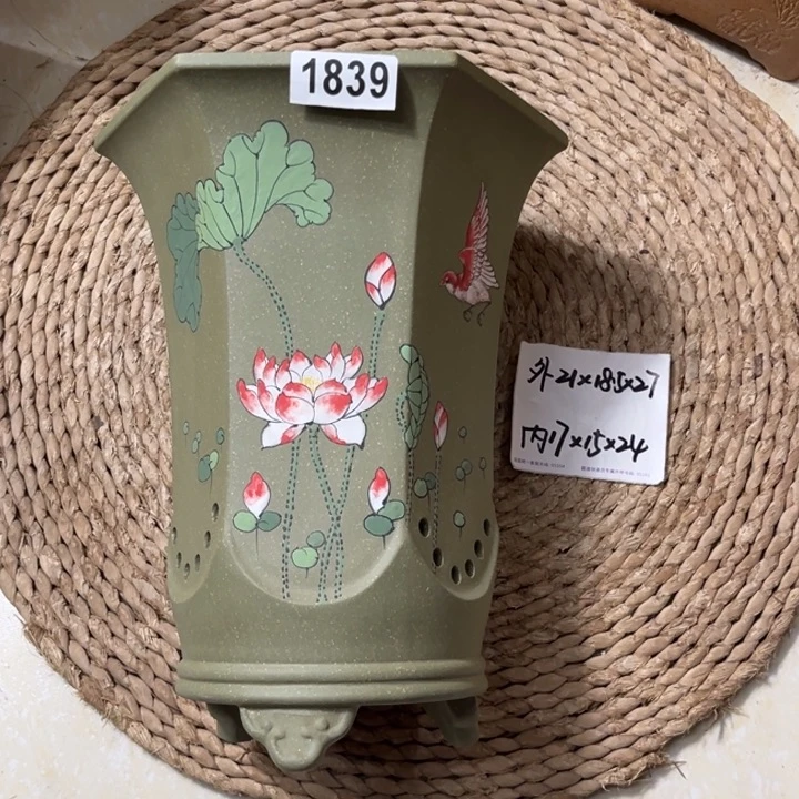 紫砂花盆 超精品果绿彩绘六方1839