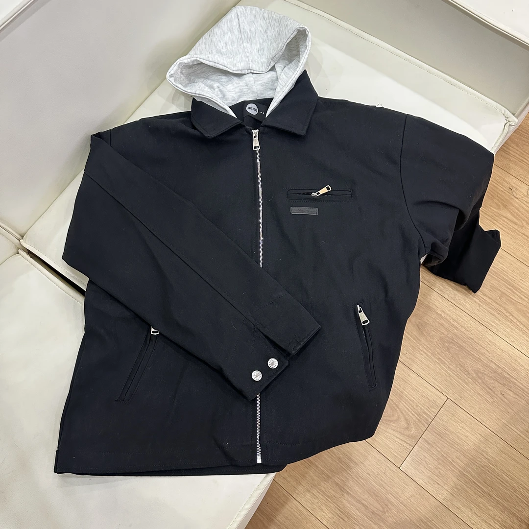 【逗逗】美式复古假两件设计感连帽短款cleanfit外套夹克J206