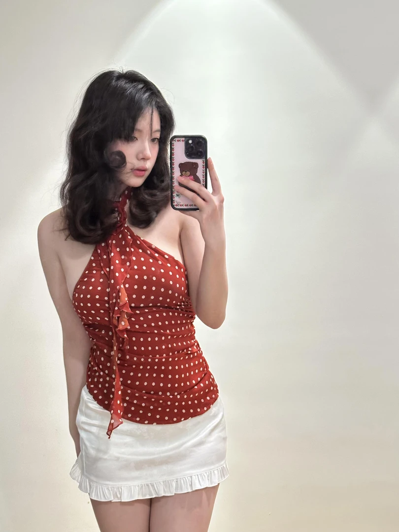 法式红色飘带玫瑰花上衣性感挂脖雪纺衬衫女夏季无袖别致辣妹背心