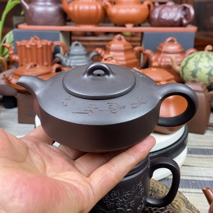 茶壶紫砂曼生扁石200cc原生矿黑料特价