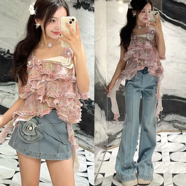 木子店碎花上衣牛仔半裙长裤