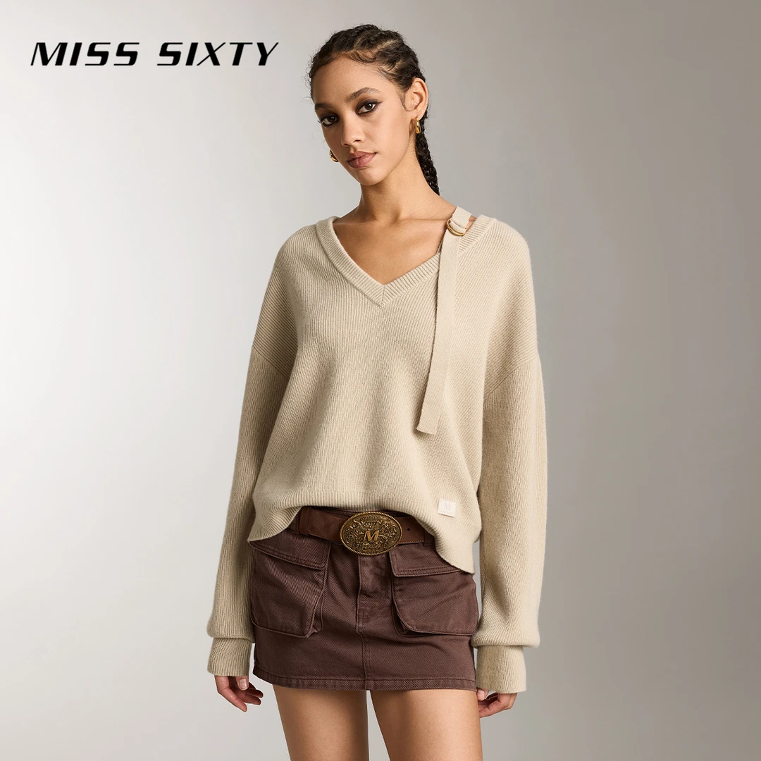 【达人专属】Miss Sixty绵羊毛针织衫V领设计感短款毛衣9479