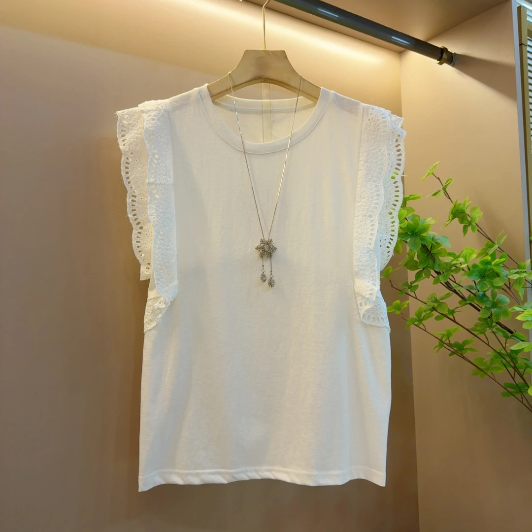 2025年夏季新款显瘦法式气质时尚小众花边纯色上衣（长62左右）