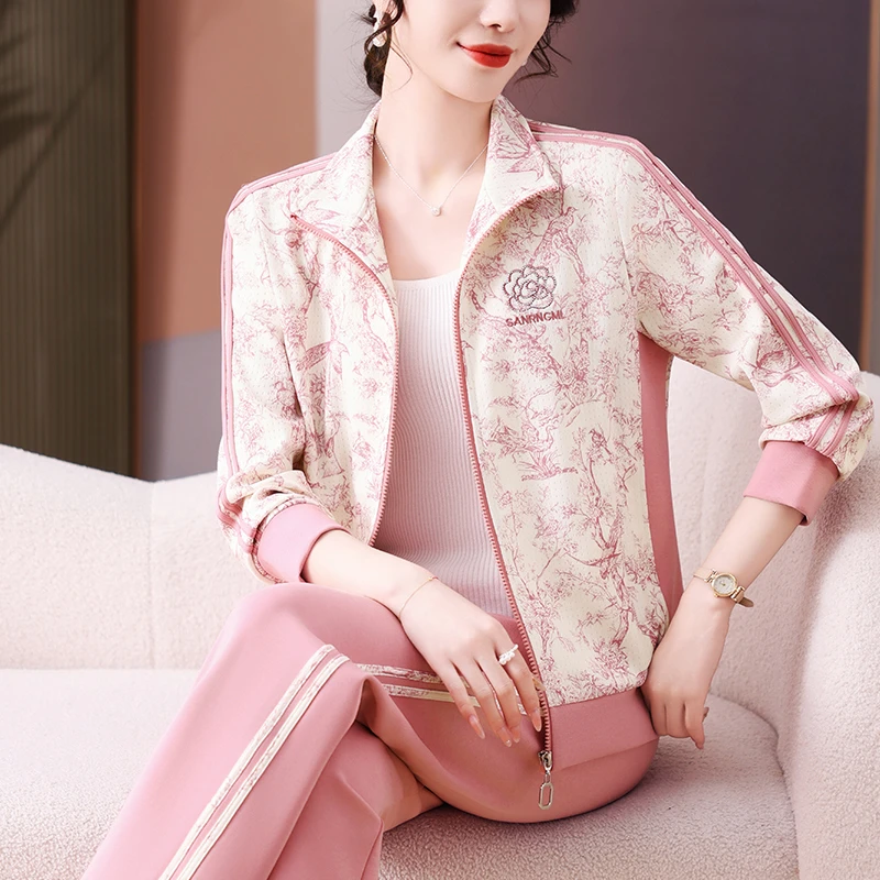 运动服套装女春秋2025新款时尚韩版大码洋气印花色休闲运动套装女