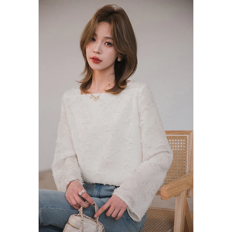 小谷粒心动雪纺衫 法式气质一字肩长袖女2025春优雅薄款套头上衣