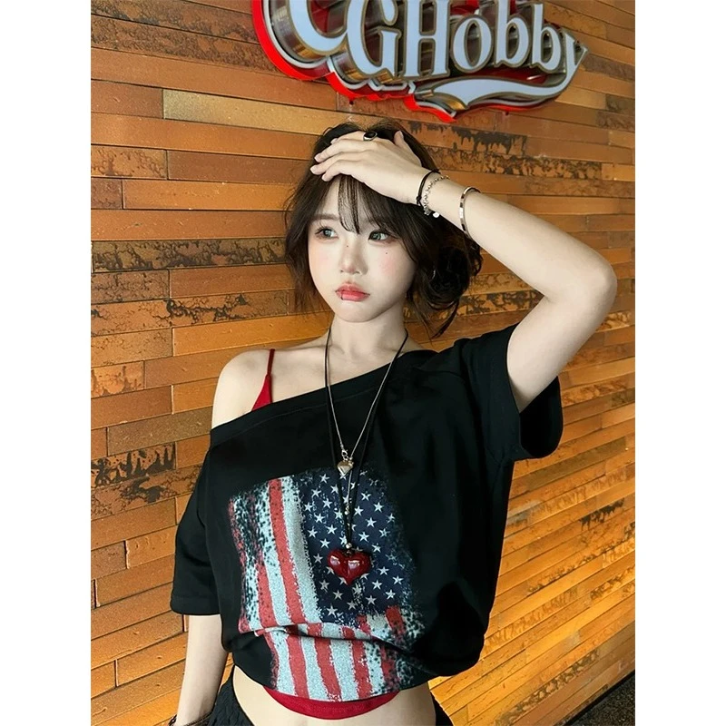 夏季新款斜肩短袖t恤女穿搭上衣休闲宽松纯欲风百搭显瘦美式辣妹