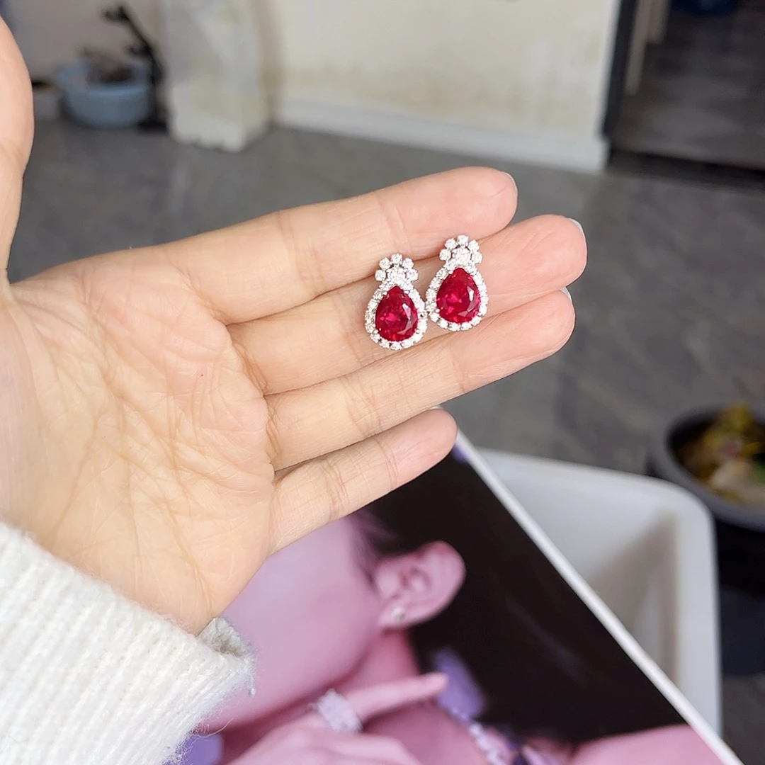 银S925镶嵌耳饰红宝石