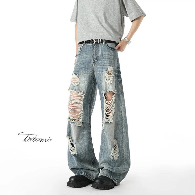 美式水洗做旧破洞牛仔裤男夏季薄款宽松直筒阔腿裤潮流百搭拖地裤