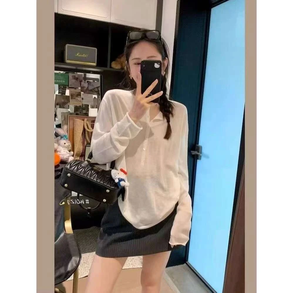 韩系宽松显瘦白色纽扣V领长袖T恤女早秋百搭上衣夏季薄款防晒罩衫