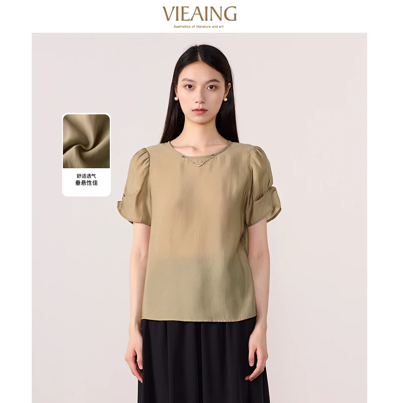VIEA.ING薇迎卡其短袖衬衫女2025夏季新款休闲宽松收褶微透上衣