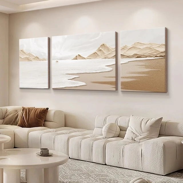 致韬奶油风客厅大白墙装饰画海浪肌理感三联壁画高级感沙发背景墙
